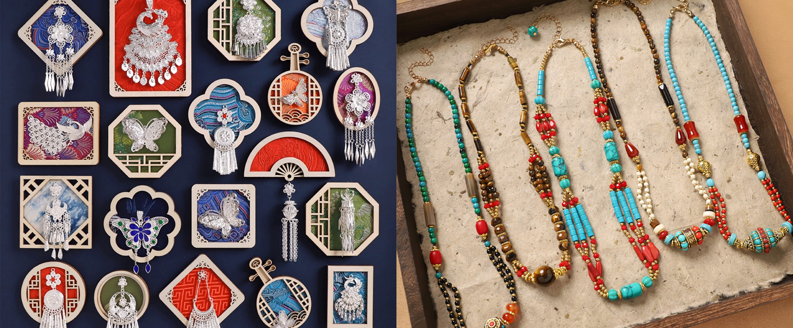On the left are silver accessories incorporating traditional Chinese elements such as window lattices, butterflies, and peacocks, paired with traditional Chinese color schemes of red, blue, green, etc., and adorned with tassel designs, showcasing exquisite craftsmanship and classical charm