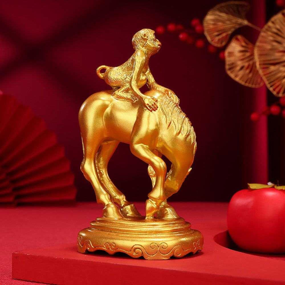Golden monkey riding horse statue, a Feng Shui symbol of career success and good fortune, displayed as elegant home decor on a red background with traditional elements 01