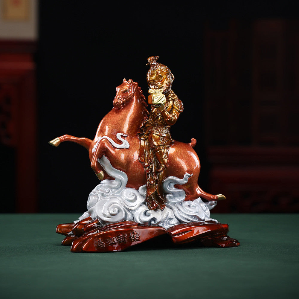Golden monkey riding a horse statue with intricate details, a Feng Shui symbol of good fortune and career success, displayed as elegant home decor against a traditional background