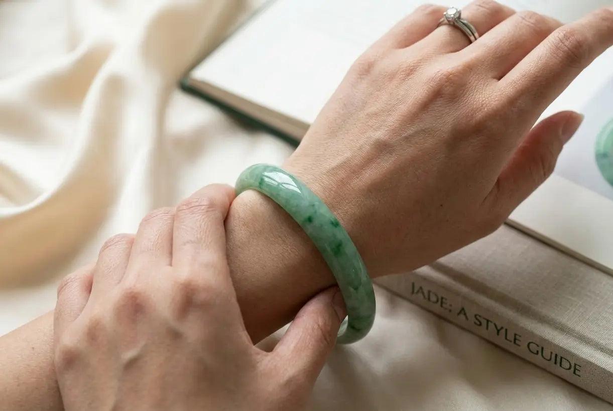 Genuine Burmese jade bracelet for women, green floral jade bangle real hand wearing shot, daily wear jade jewelry close-up |DIYJADE