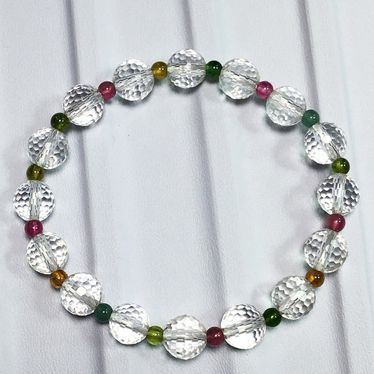 Natural faceted white crystal bracelet with rainbow tourmaline spacers for women|DIY Jade