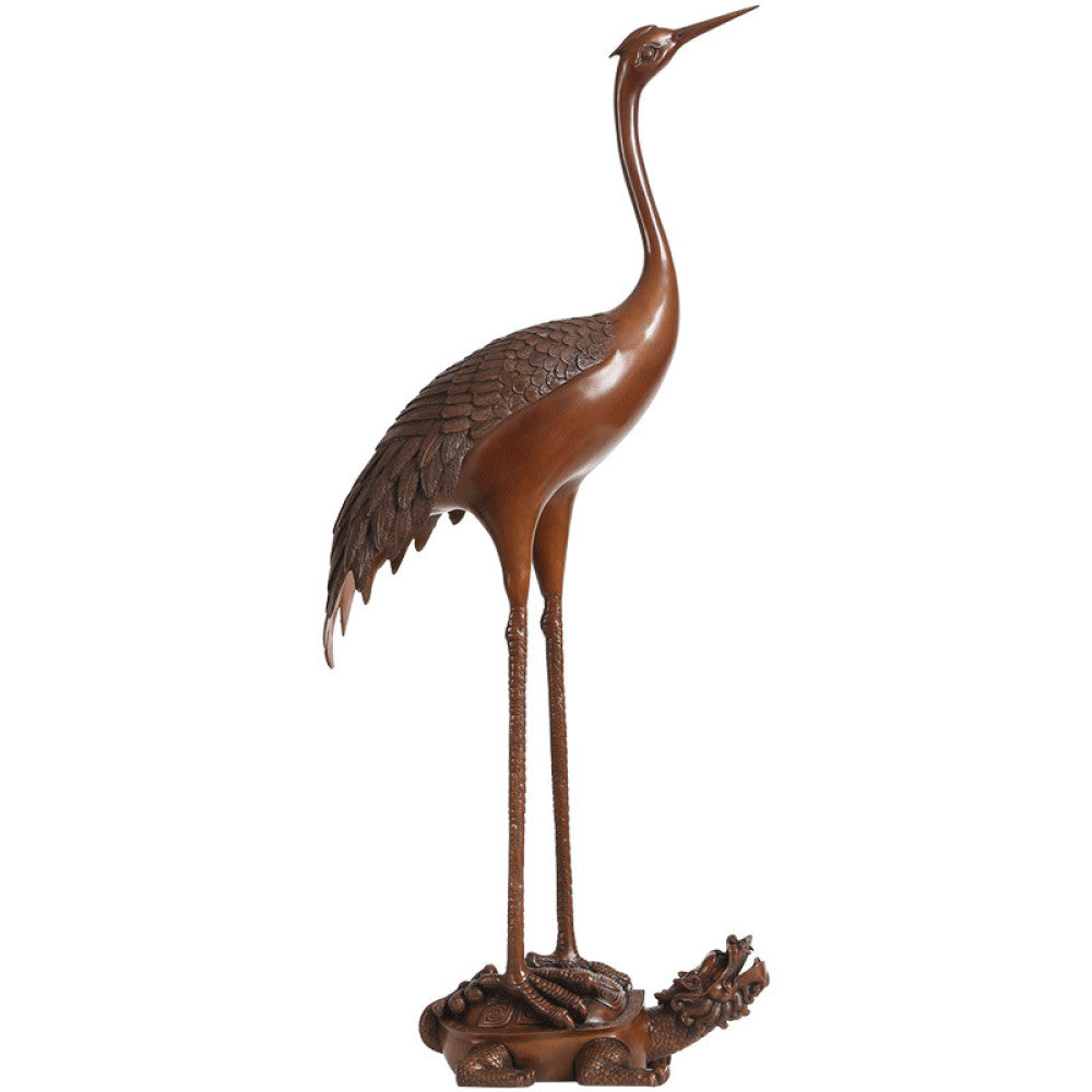 Traditional Chinese bronze crane statue standing on a dragon turtle, displayed against a dark blue background 01