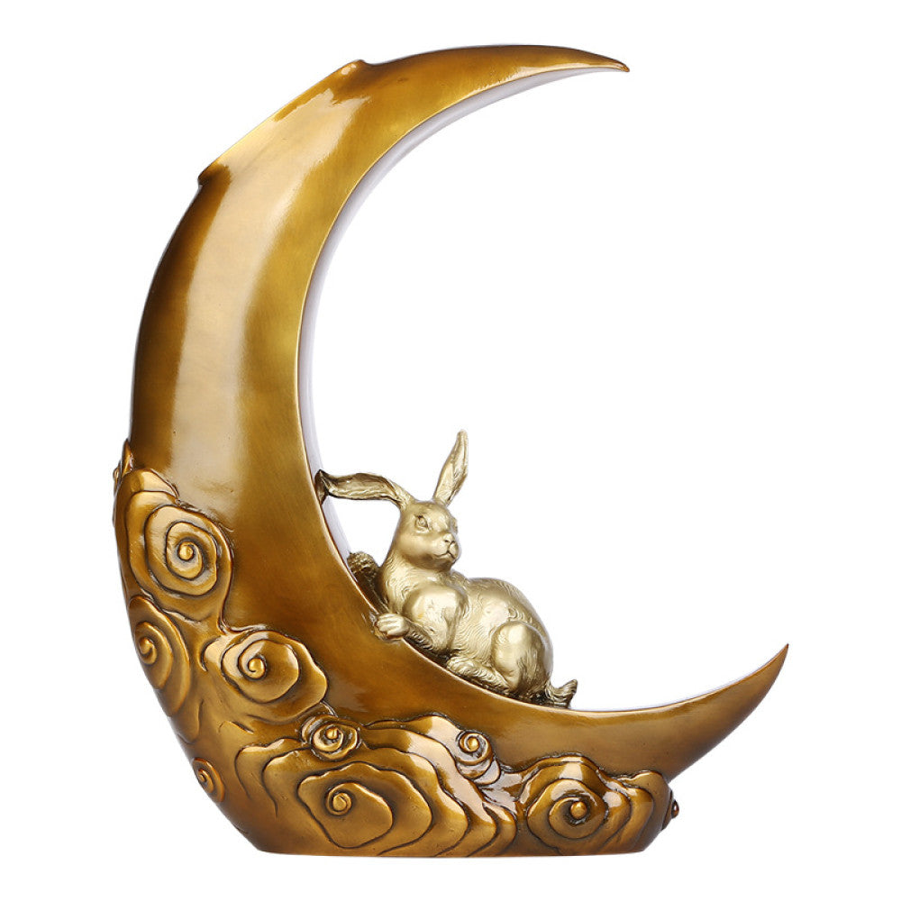 Traditional Chinese bronze sculpture of a crescent moon with a rabbit and cloud patterns, placed against a dark gradient background 04