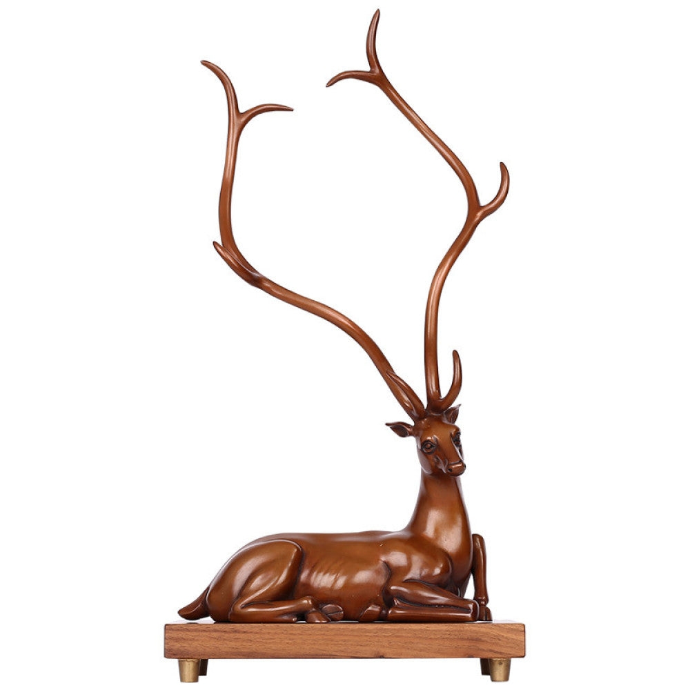 Traditional Chinese bronze deer statue with long antlers, lying on a wooden base against a teal and brown gradient background 01