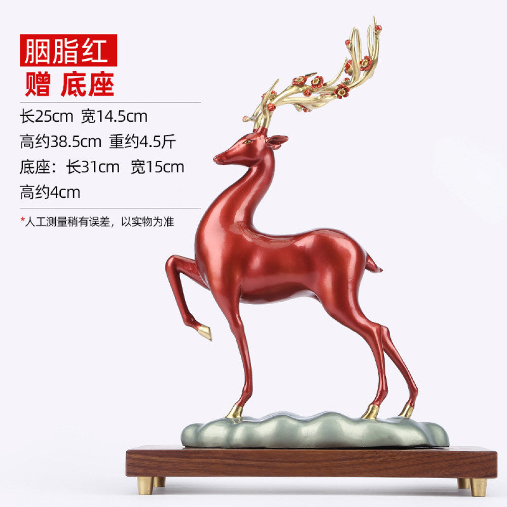 Golden traditional Chinese bronze deer statue with decorated antlers and raised leg, placed on a brown base against a dark gradient background 001