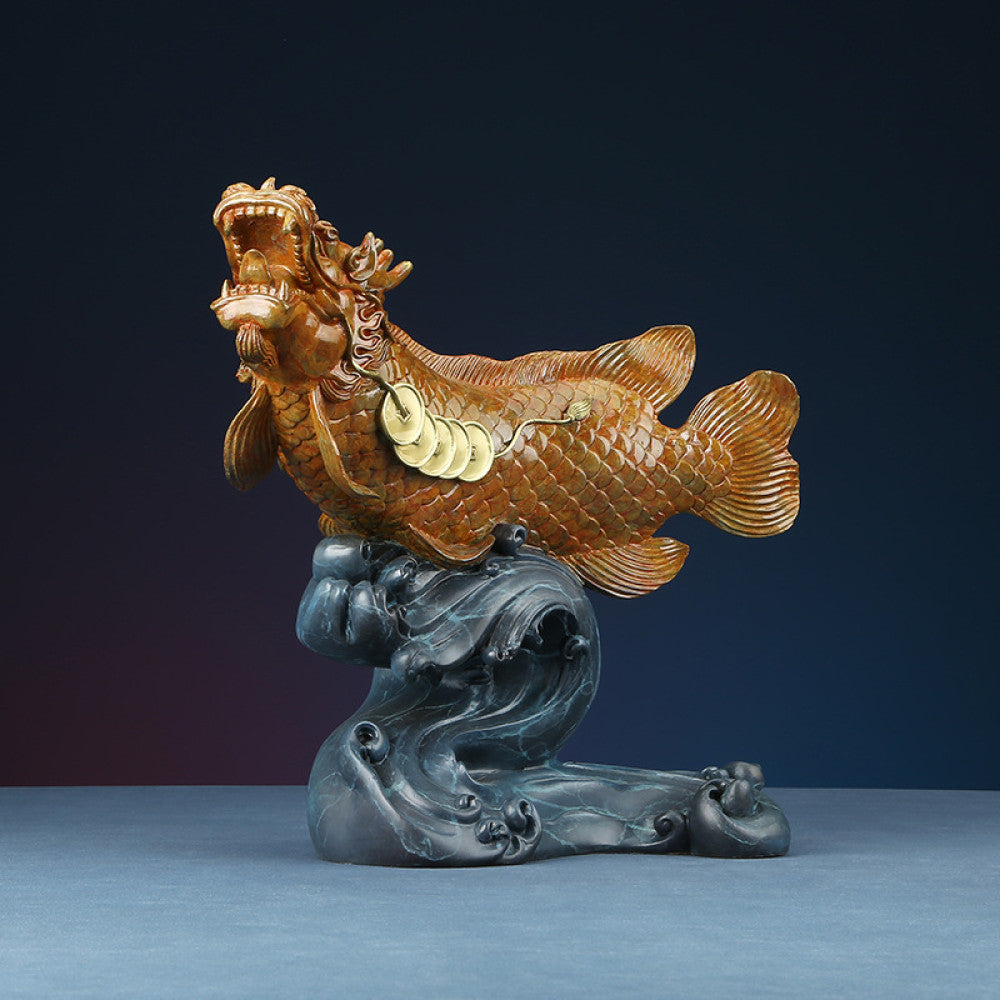 Traditional Chinese bronze dragon fish sculpture adorned with lucky coins, positioned on a wave - shaped base against a dark background 02