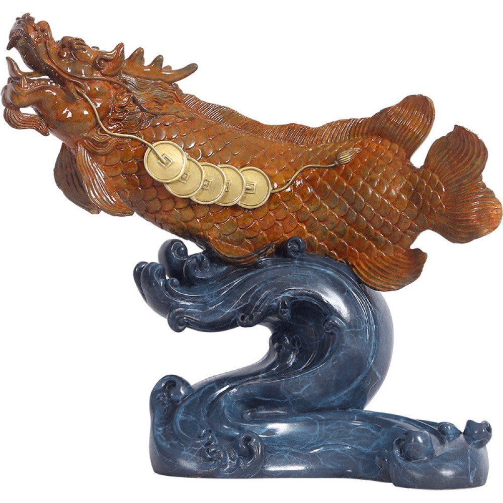 Traditional Chinese bronze dragon fish sculpture adorned with lucky coins, positioned on a wave - shaped base against a dark background 03