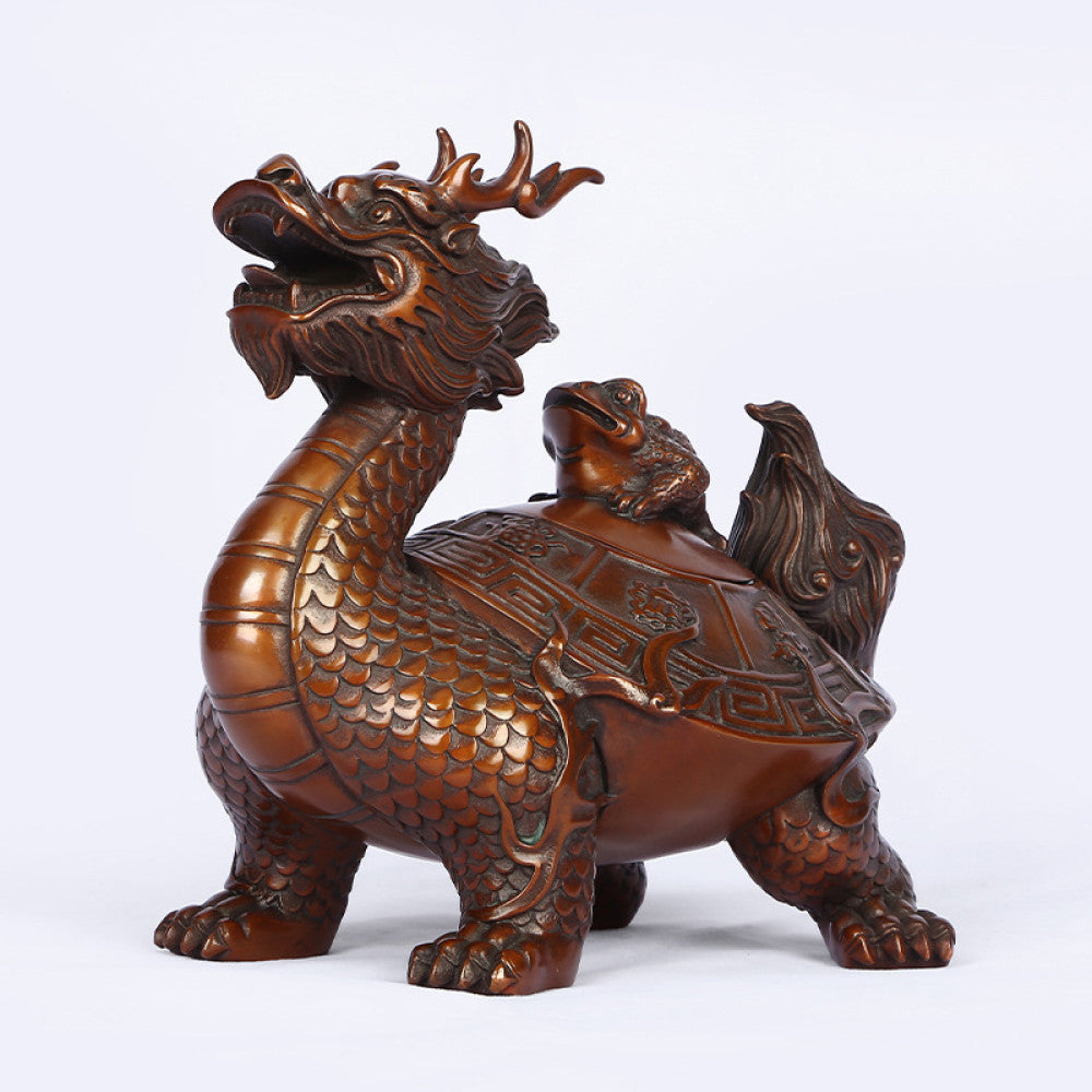 Traditional Chinese bronze dragon turtle statue with a baby turtle on its back, showcasing intricate scales and patterns, set against a white background