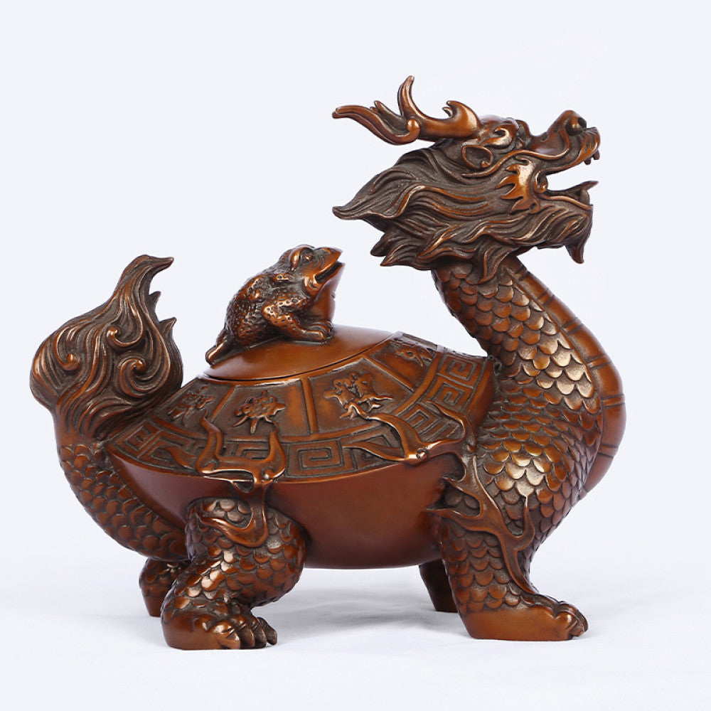Traditional Chinese bronze dragon turtle statue with a baby turtle on its back, showcasing intricate scales and patterns, set against a white background 01