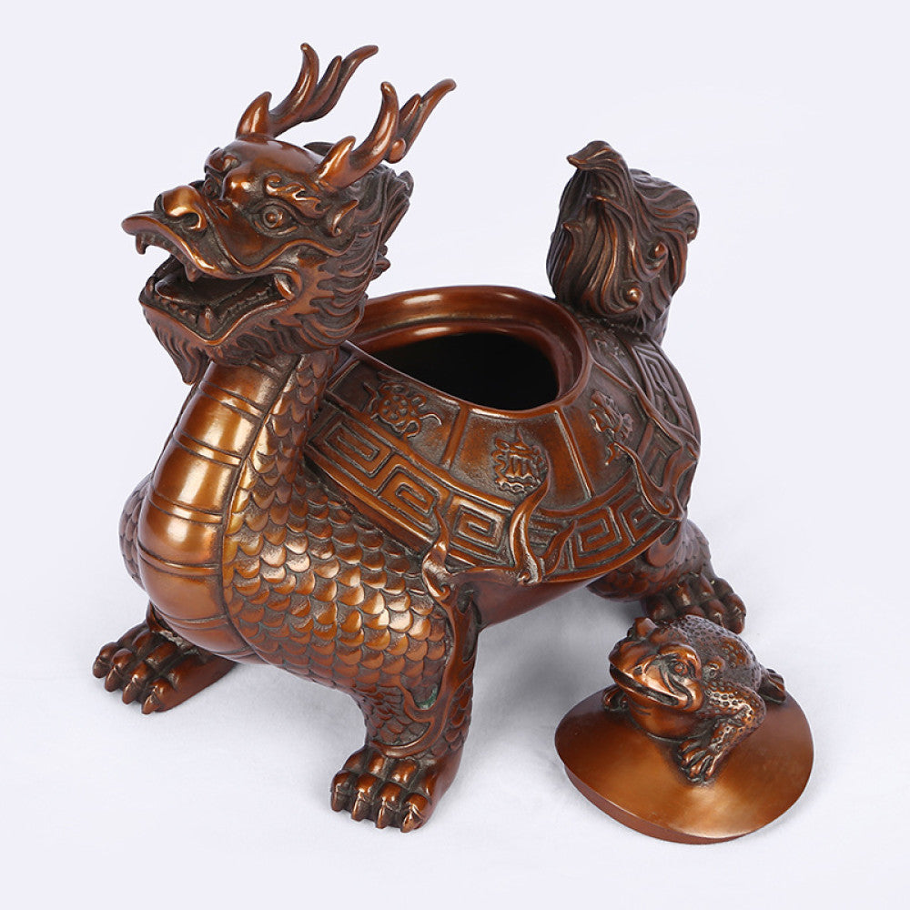 Traditional Chinese bronze dragon turtle statue with a baby turtle on its back, showcasing intricate scales and patterns, set against a white background 02