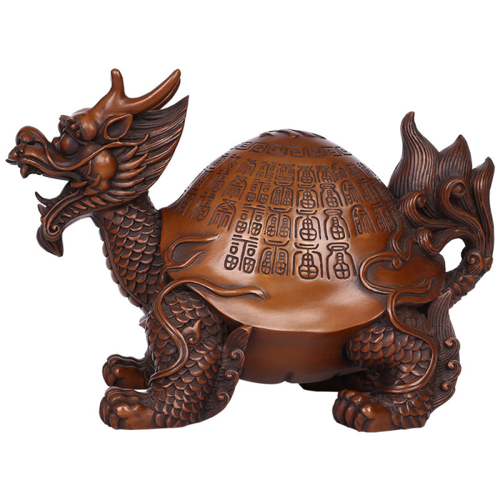Traditional Chinese bronze dragon turtle statue with intricate inscriptions on its shell, displayed against a teal gradient background 02