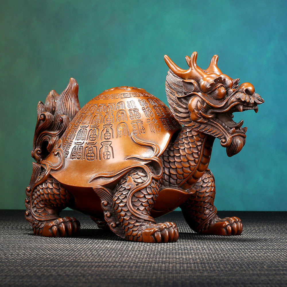 Traditional Chinese Bronze Dragon Turtle Statue with Inscriptions - Feng Shui Auspicious Longevity Decor 05
