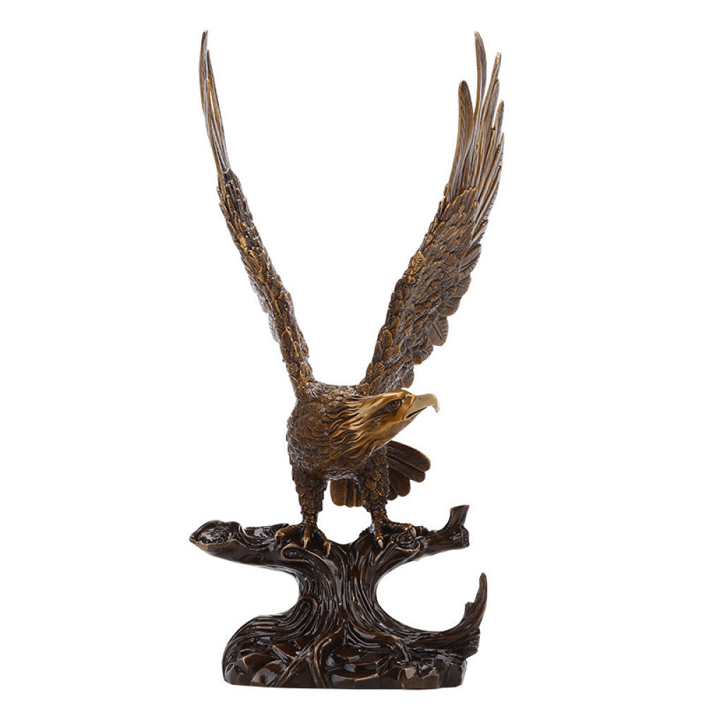 Traditional Chinese bronze eagle statue with spreading wings, perched on a branch - shaped base with a wooden platform, set against a warm brown background 03
