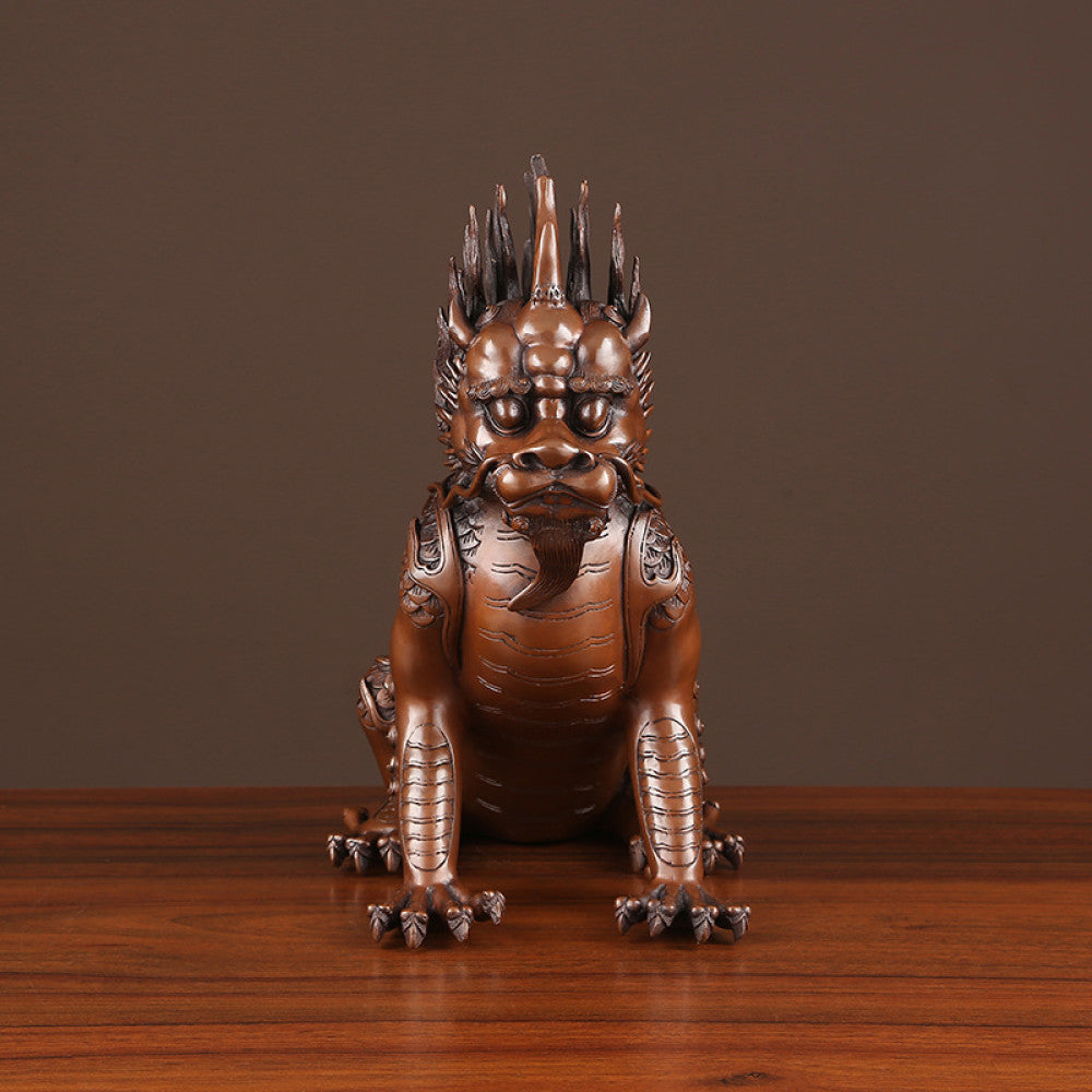 Bronze Qilin statue with intricate carvings, traditional Chinese auspicious mythical beast decor, placed on a dark surface against a warm brown background 01