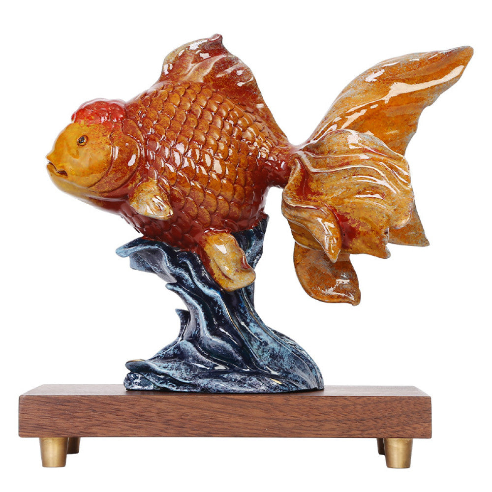 Colorful traditional Chinese goldfish statue with detailed scales, placed on a wooden base with a rocky stand, against a dark blue curtain and Chinese lattice background 02
