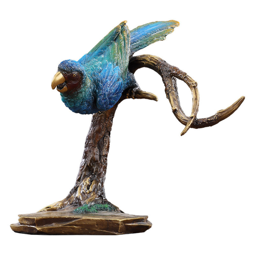 Colorful traditional Chinese parrot statue with blue and green hues, perched on a branch - shaped base, set against a gray background 01