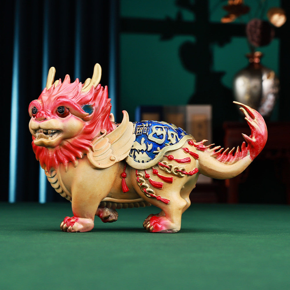 Pair of colorful traditional Chinese Qilin statues with red and blue - golden details, placed against a red background with Chinese fan decoration 03