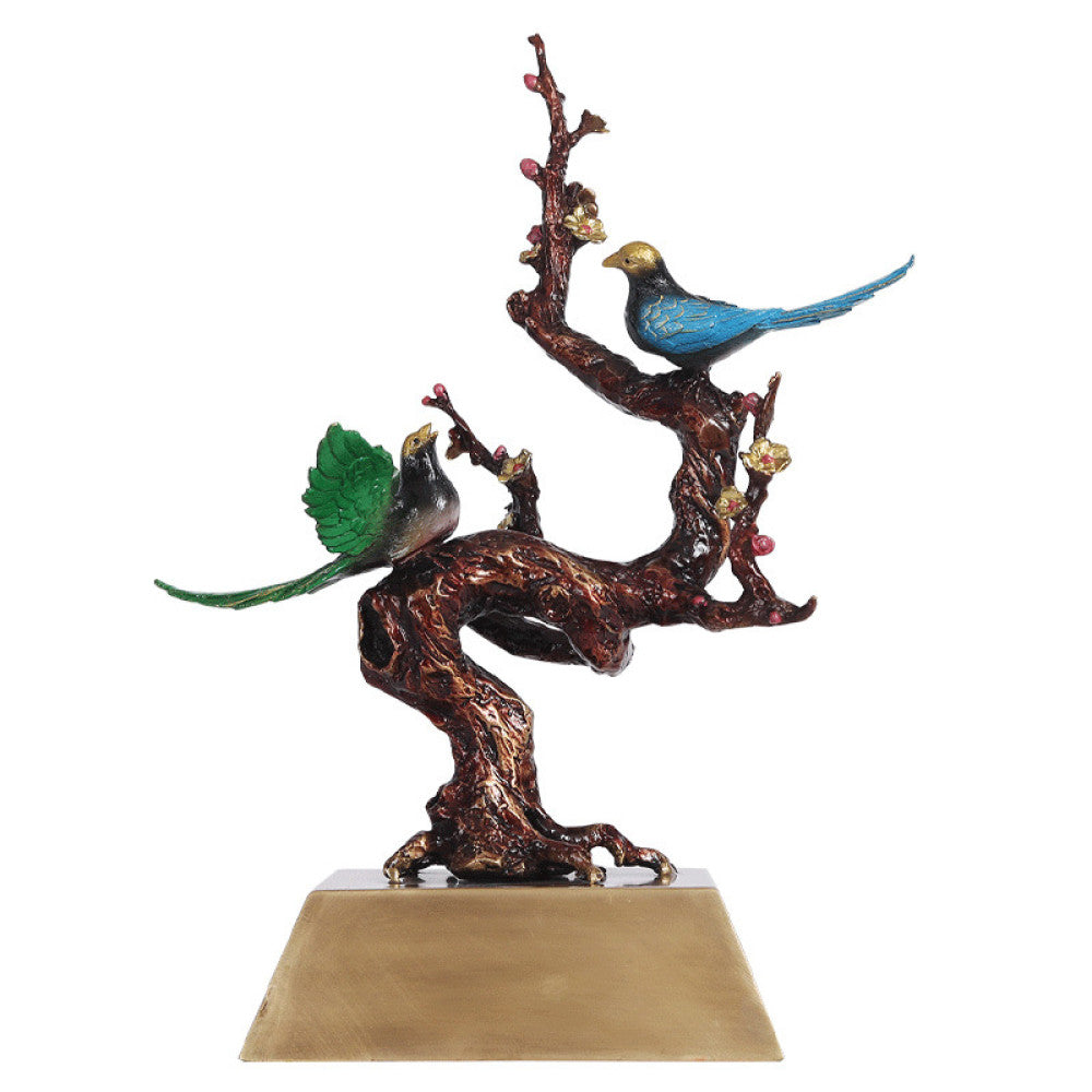 Traditional Chinese enameled sculpture of colorful birds on a flowering branch, placed on a golden base against a dark background 04