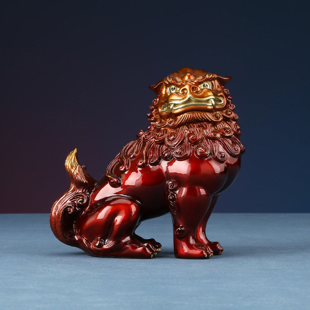 Traditional Chinese red and gold Foo Dog statue with intricate details, set against a dark blue gradient background 01