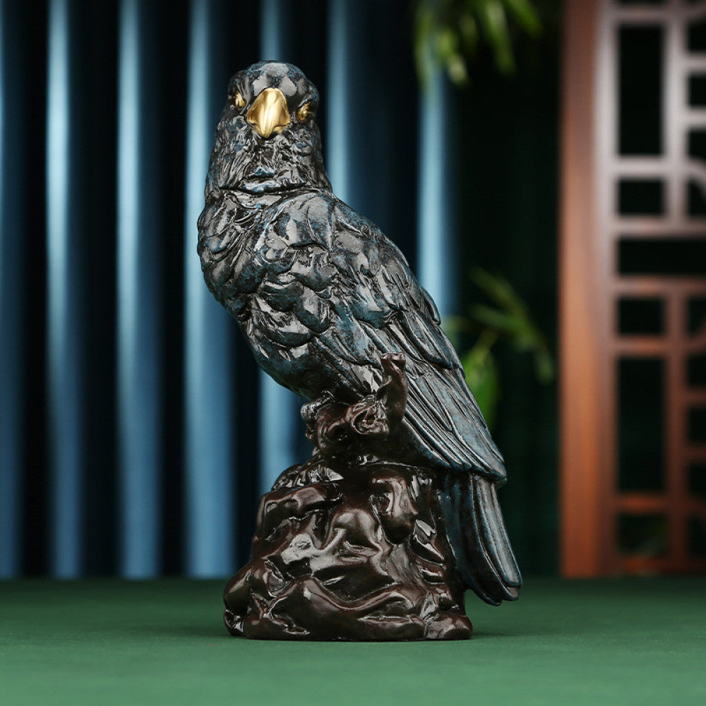 Traditional Chinese silver parrot statue with detailed feathers, perched on a golden - brown rocky base, set against a dark blue curtain and Chinese lattice background 03