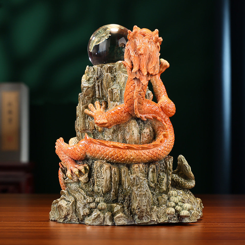 Two dragons crystal ball statue with intricate details, a Feng Shui symbol of good fortune, displayed as elegant home decor on a wooden table against a dark background 01
