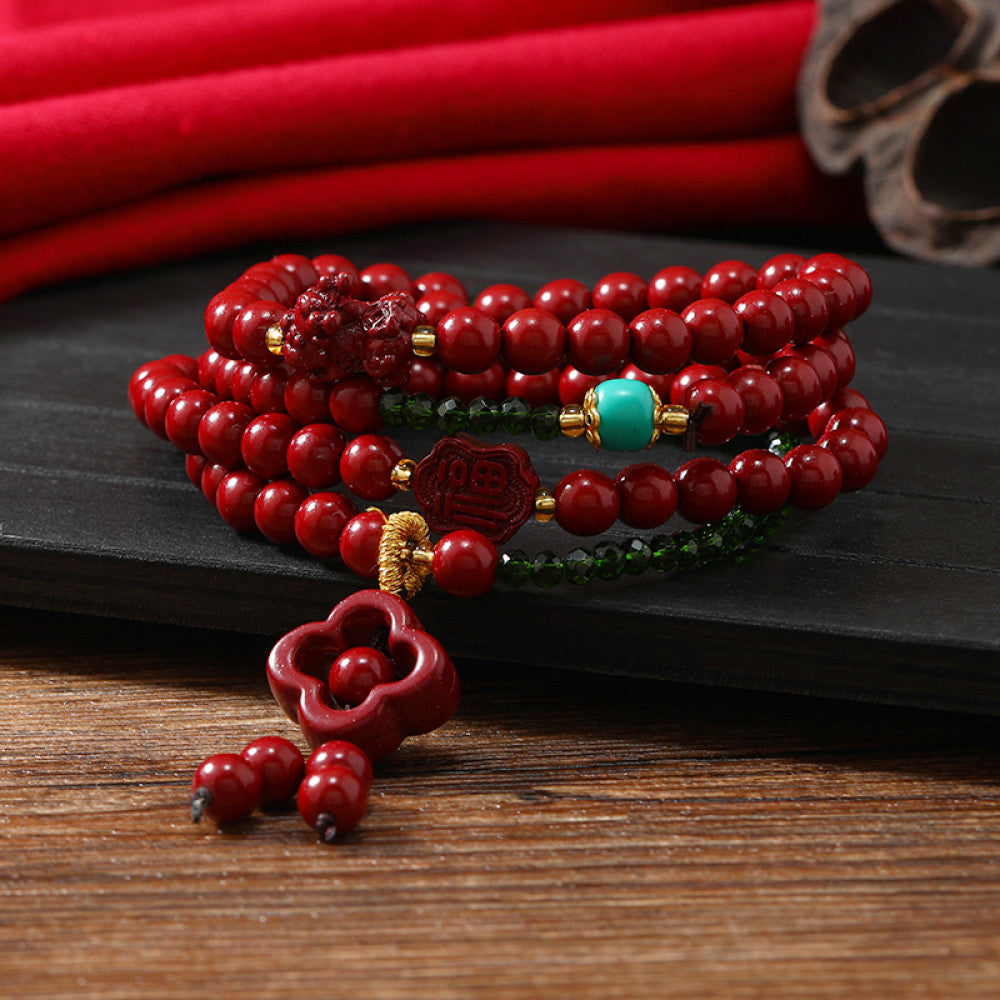 Bodhi beads as the focus, cinnabar accents, full of Zen vibe.