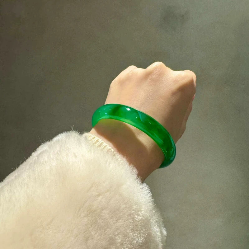 Natural Emerald Green Jade Bangle Bracelet for Women - Wrist Worn Close-up