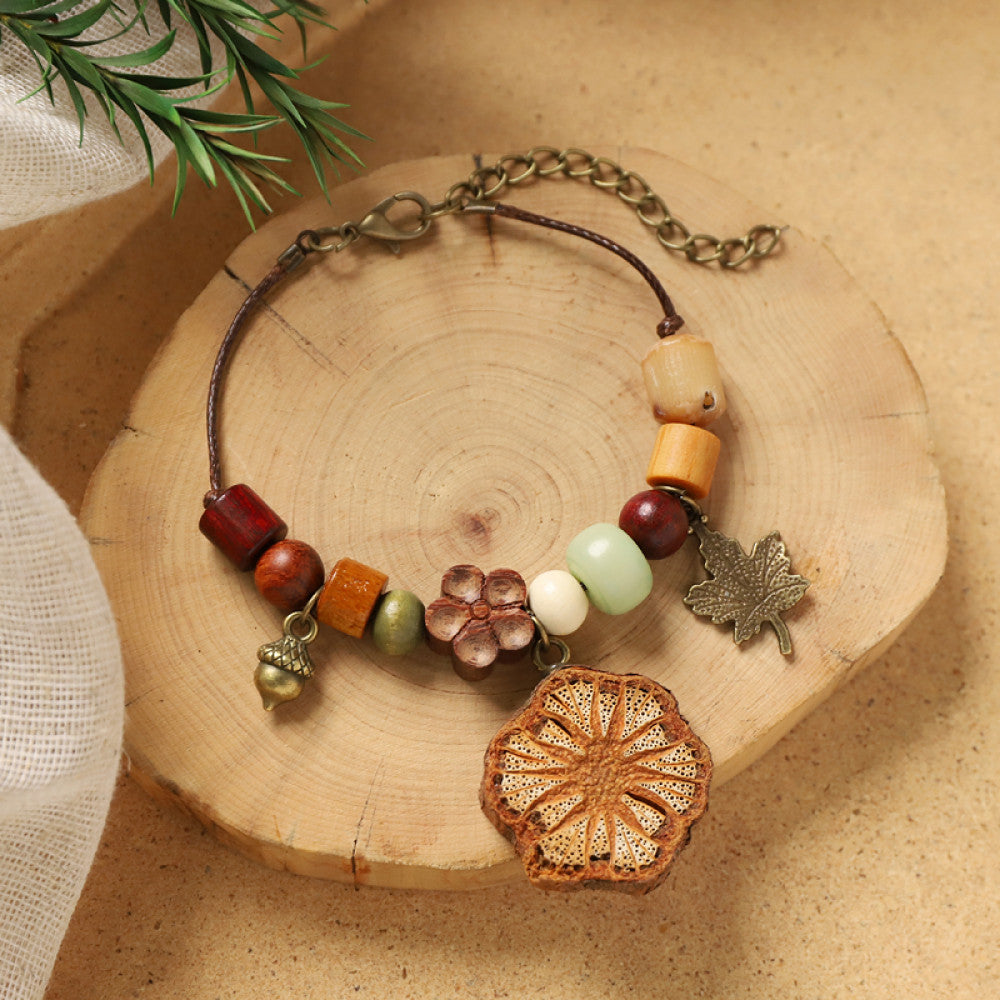 Natural beads with a round wooden tag, simple and organic.