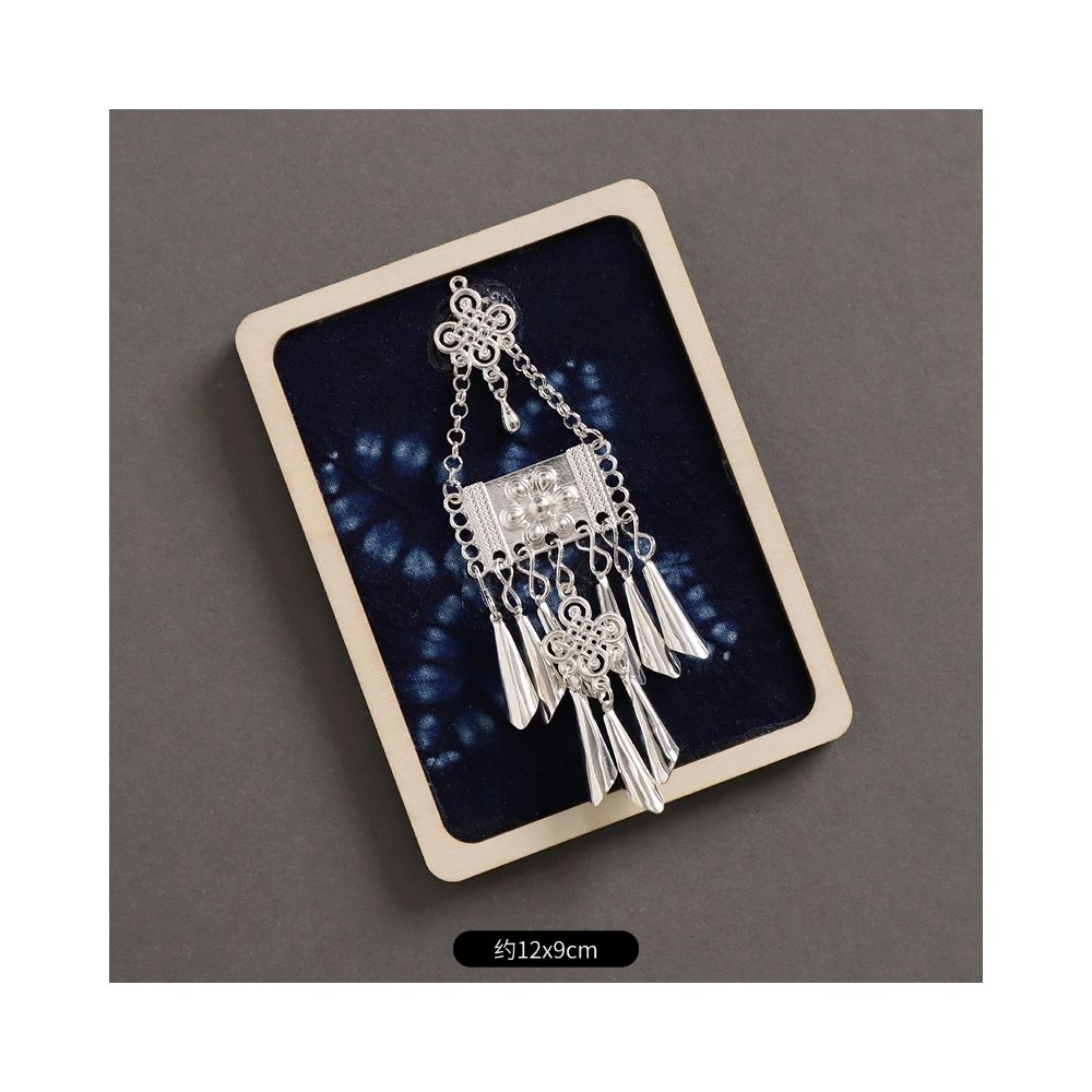 Angled rectangle ethnic silver brooch