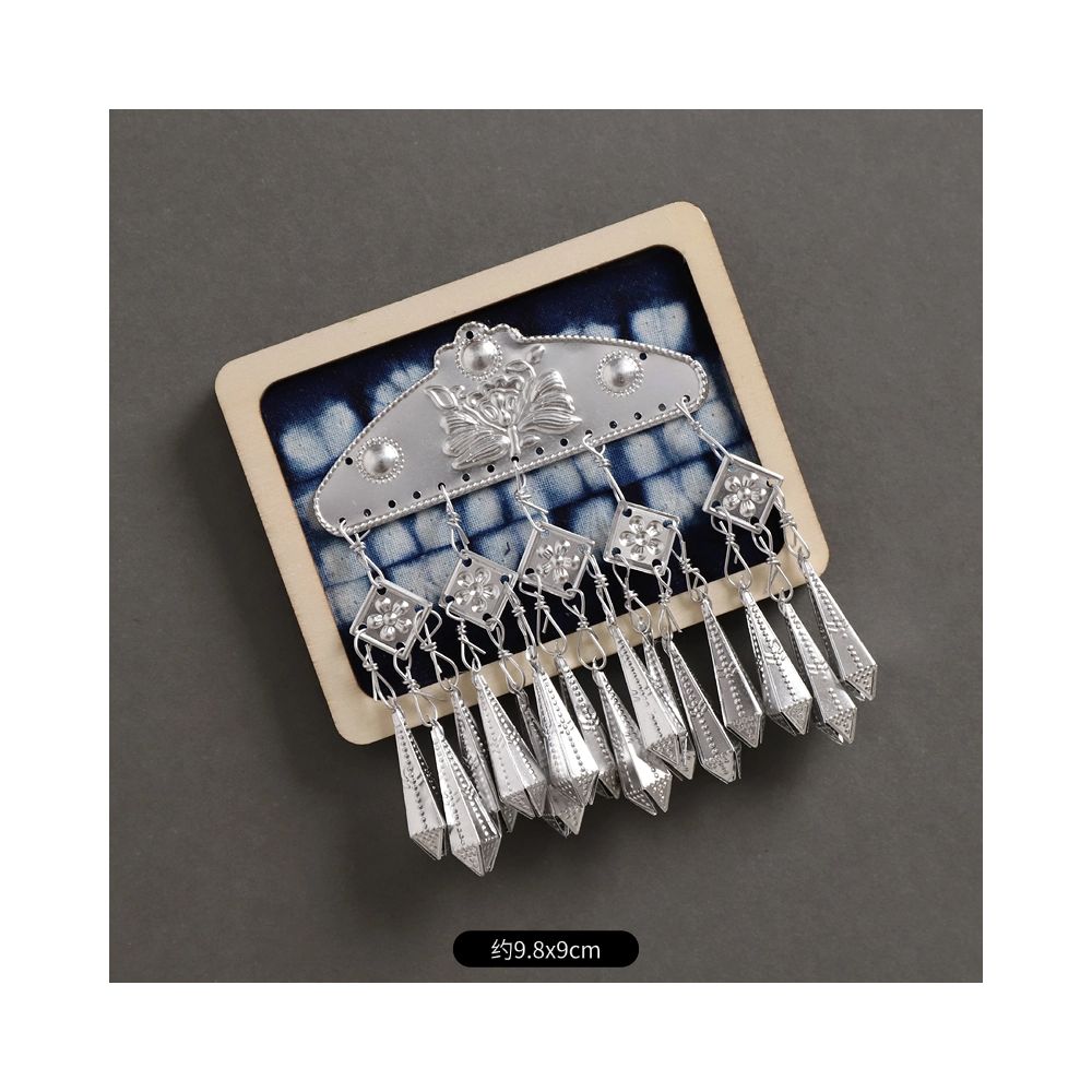 Angled rectangle silver tassel ethnic brooch