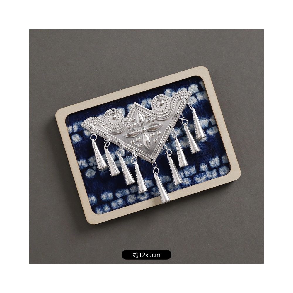 Angled square ethnic silver brooch with tassels