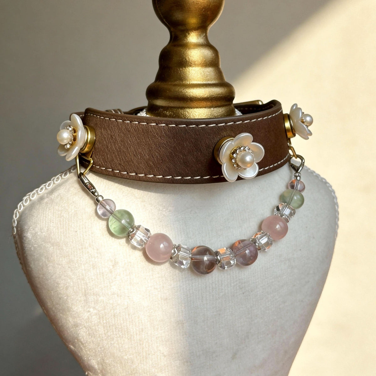 Side shot brown leather pet collar with pearl flower decor and translucent pastel jade bead strand | DIY Jade