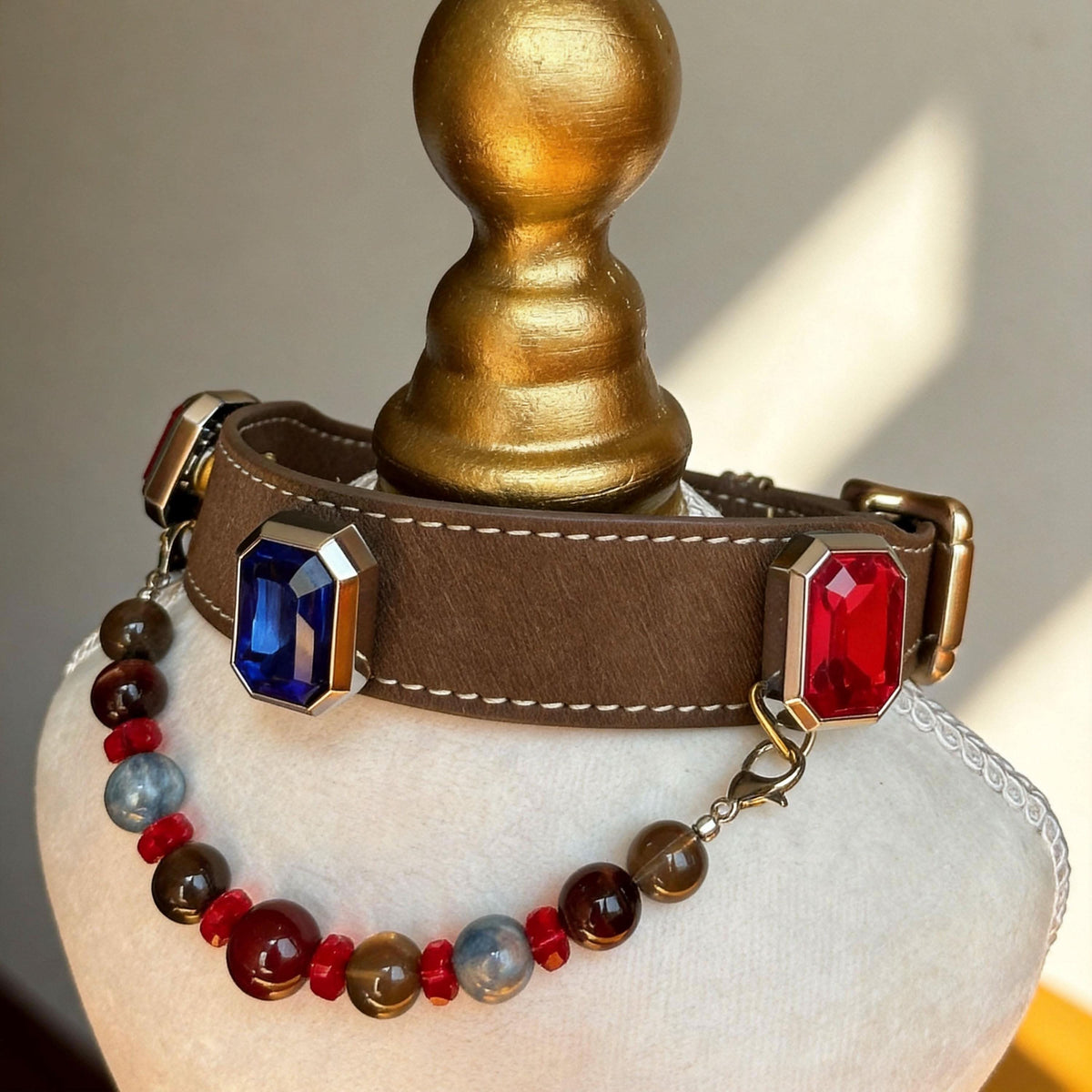 Side front view brown leather pet collar decorated with red blue gems and earthy jade beads | DIY Jade