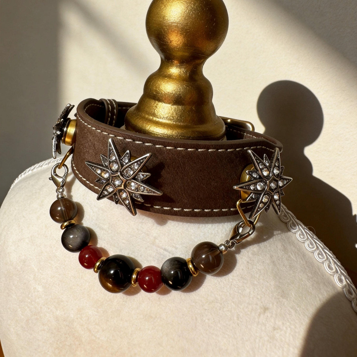 Side front shot brown leather pet collar decorated with silver star gems and mixed jade beads | DIY Jade