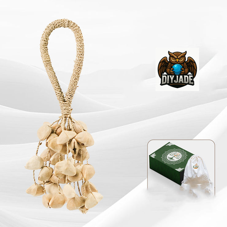 Beige seed pod tassel decor with rope loop, retail product view with gift box | DIY Jade