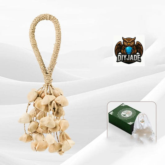 Beige seed pod tassel decor with rope loop, retail product view with gift box | DIY Jade