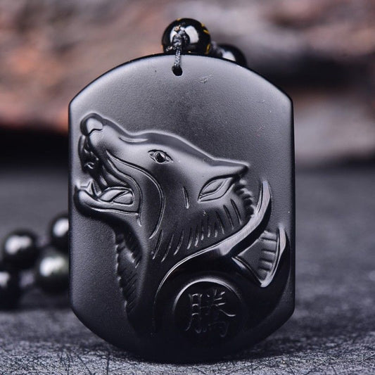 Matte black obsidian wolf head carved pendant with totem design | DIY Jade