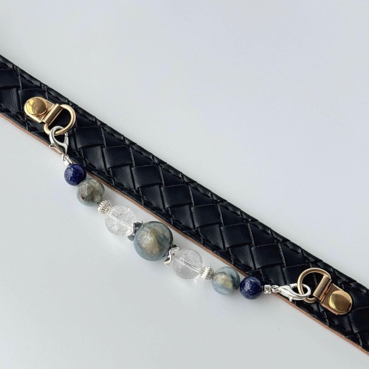 Top view black quilted collar strap with dangling blue gem bead accessory chain | DIY Jade