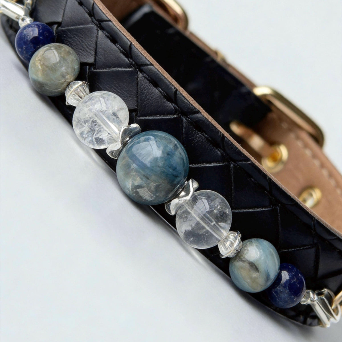 Macro side detail shot of black pet collar with blue stone and clear crystal beads | DIY Jade
