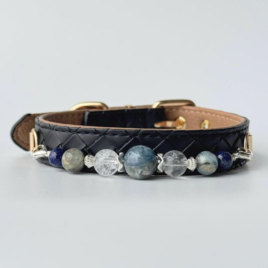 Front view black quilted pet collar decorated with blue and grey gemstone beads | DIY Jade