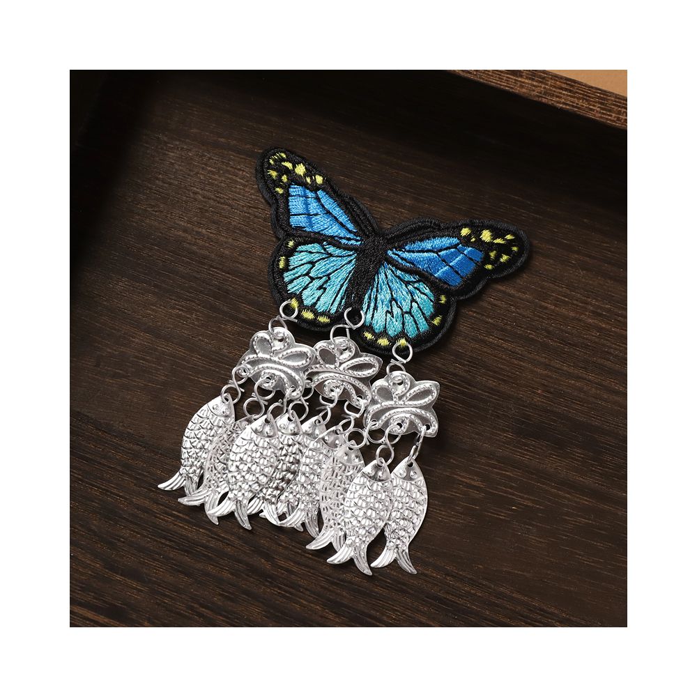 Blue butterfly embroidered earrings with silver fish charms
