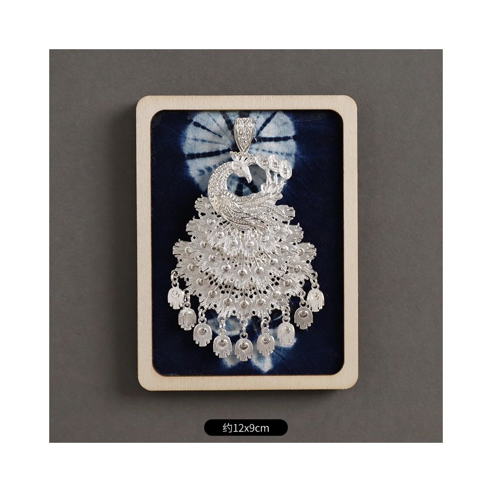 Blue rectangle silver tassel ethnic brooch