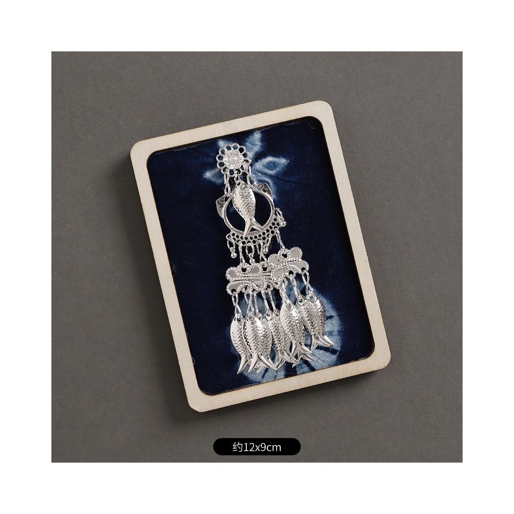 Blue rectangle ethnic silver tassel brooch
