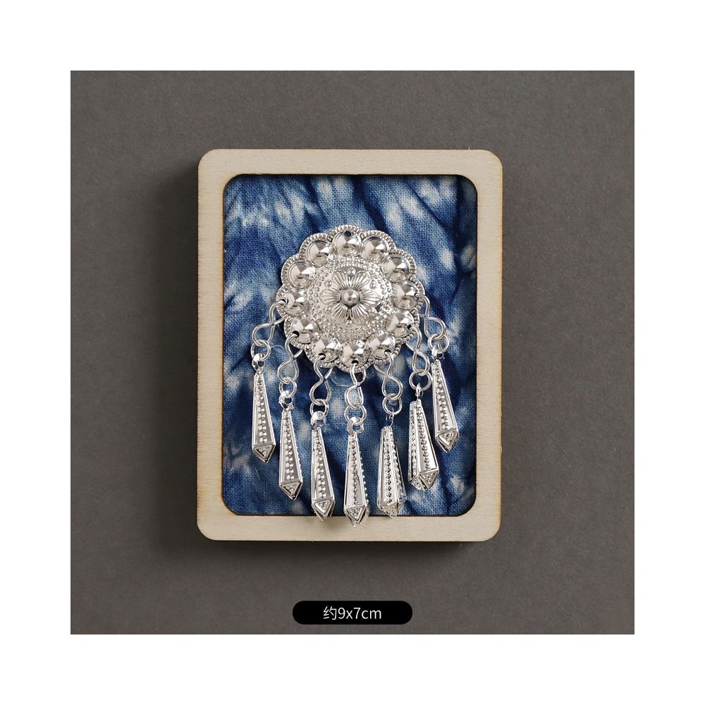 Blue square ethnic silver tassel brooch