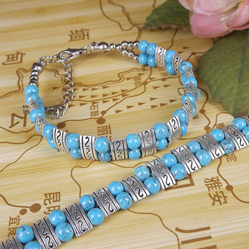 Boho blue turquoise cylinder beaded silver bracelet | DIY Jade