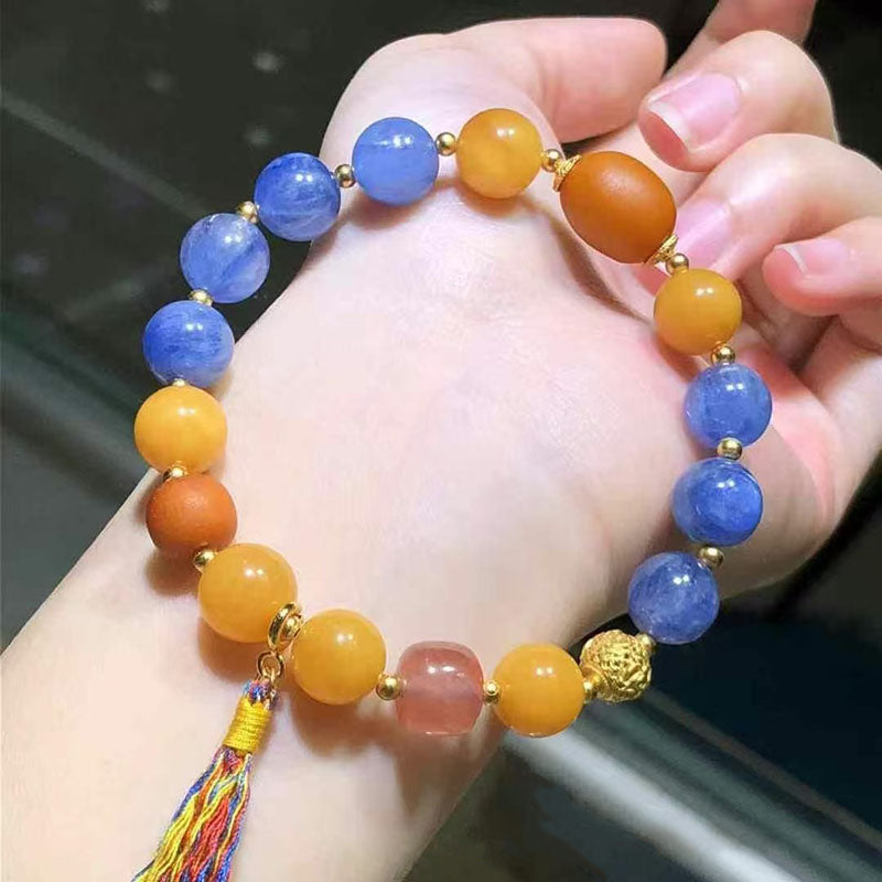 Blue and yellow beaded bracelet with colorful tassel charm | DIY Jade