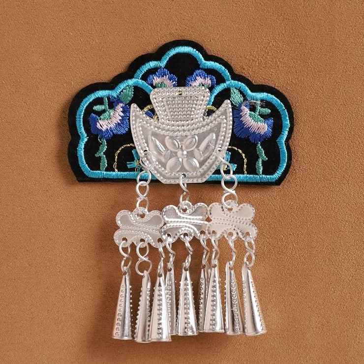 Blue highlighted fabric applique, multi‑layer silver tassel charm for traditional clothing