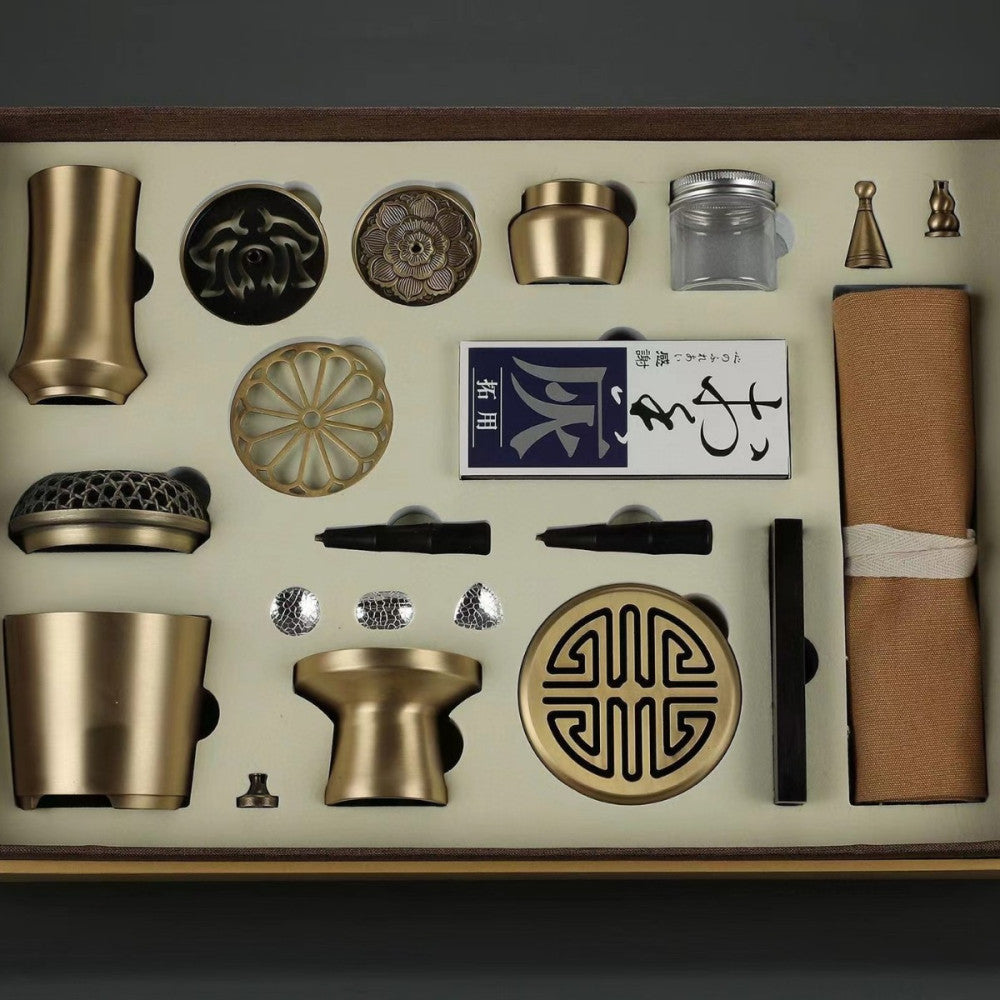 Complete brass incense tool set in wooden case