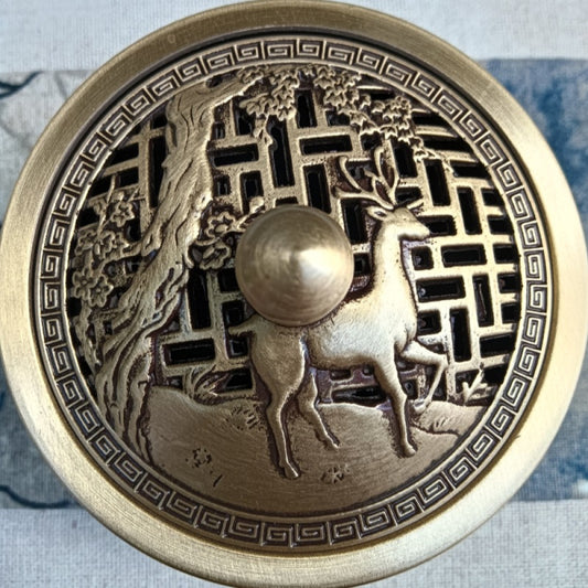 Bronze incense burner lid with deer and tree openwork carving, vintage style | DIY Jade