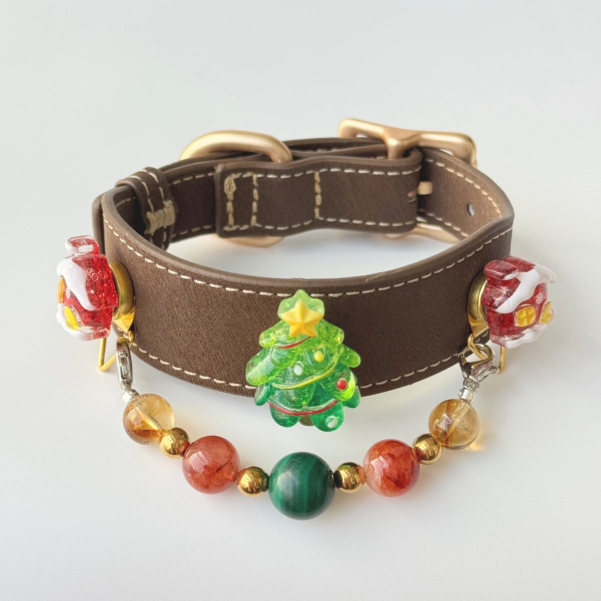 Top view brown christmas pet choker, handmade with christmas tree house charms and malachite citrine beaded necklace | DIY Jade